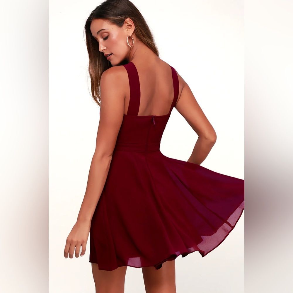 Lulus Forevermore Burgundy Skater Dress S Maroon Short Chiffon Mini Cocktail